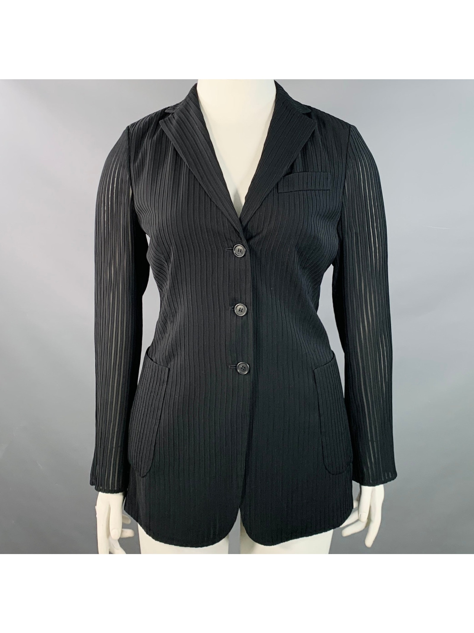 Akris Size 10 Black Polyester Textured Stripe Notch Lapel Jacket Blazer